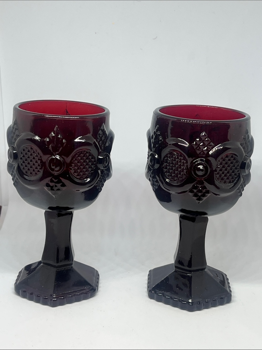 Avon Vintage 1876 Cape Cod Mini Wine Goblet Deep Ruby Red Pressed Glass Set of 2